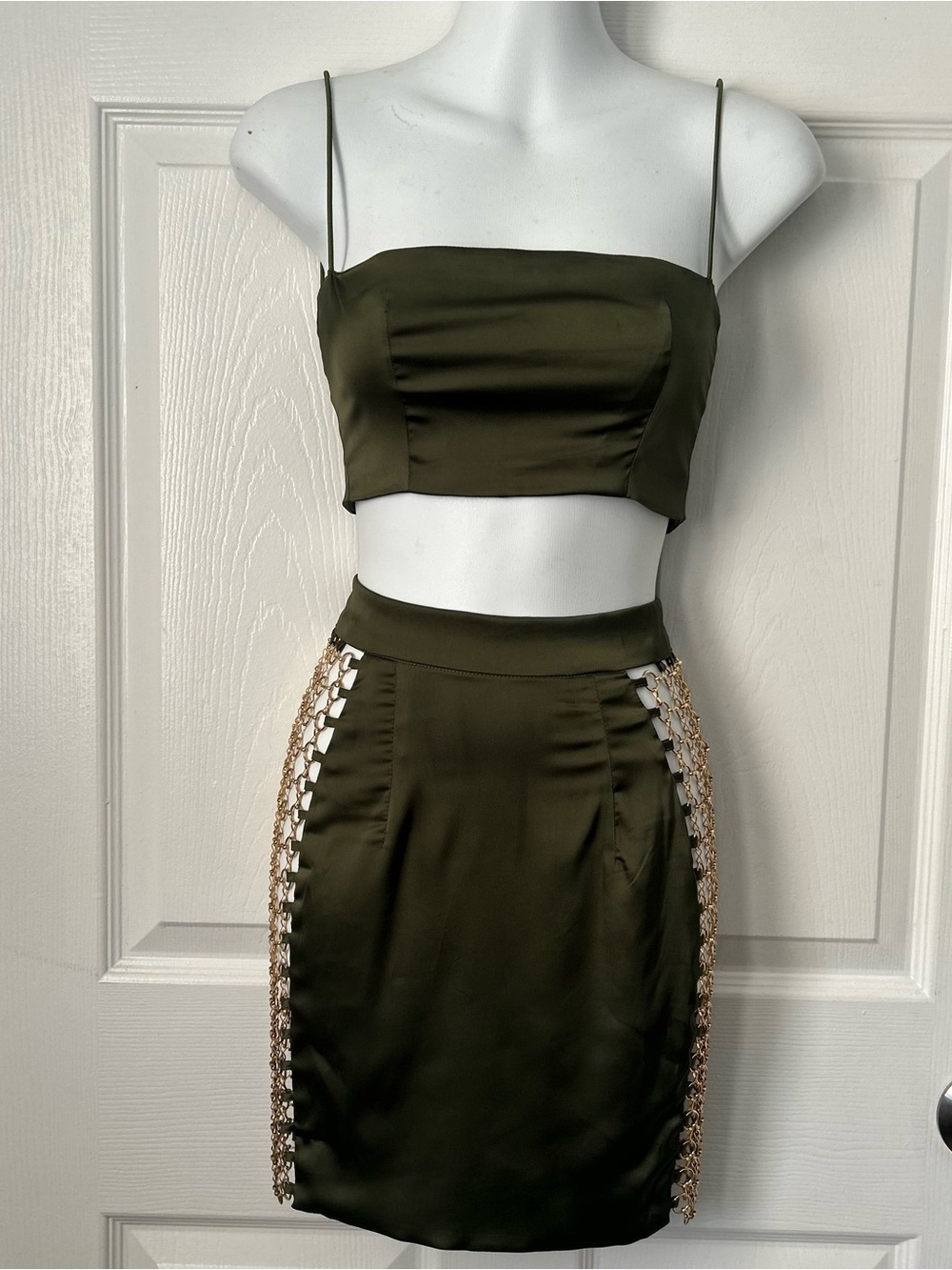 Olive Green Satin Lace-Up Side-Chain Mini Skirt